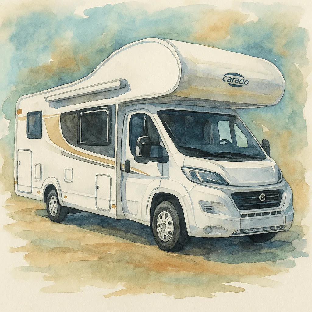 Ilustración en acuarela de una autocaravana Carado, ideal para representar visualmente el alquiler de autocaravanas en Sevilla de forma artística.
