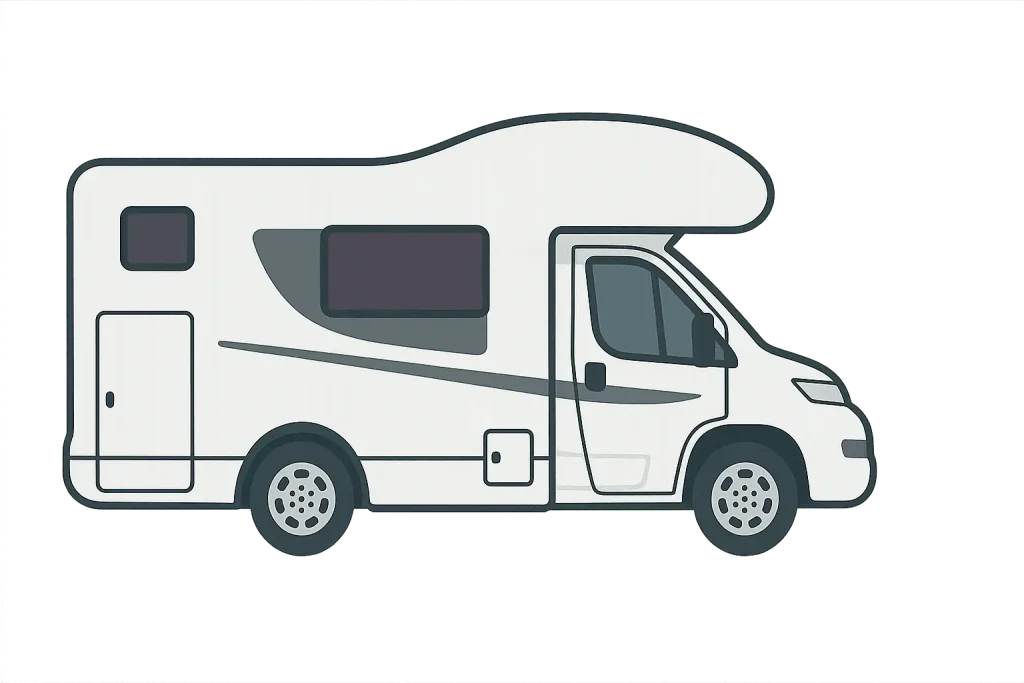 Ilustración de autocaravana blanca tipo capuchina, usada para representar servicios de alquiler de autocaravanas en Sevilla.