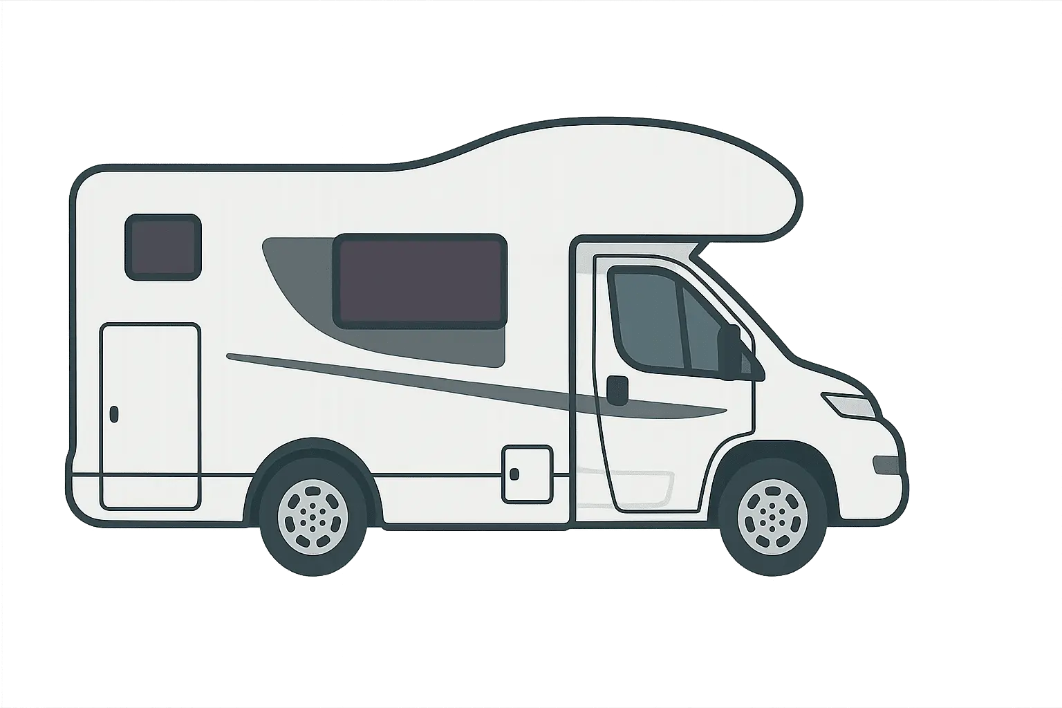 Ilustración de autocaravana blanca tipo capuchina, usada para representar servicios de alquiler de autocaravanas en Sevilla.