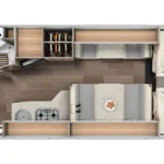 Plano cenital de una autocaravana mostrando su distribución interior, ideal para ilustrar el alquiler de autocaravanas en Sevilla.